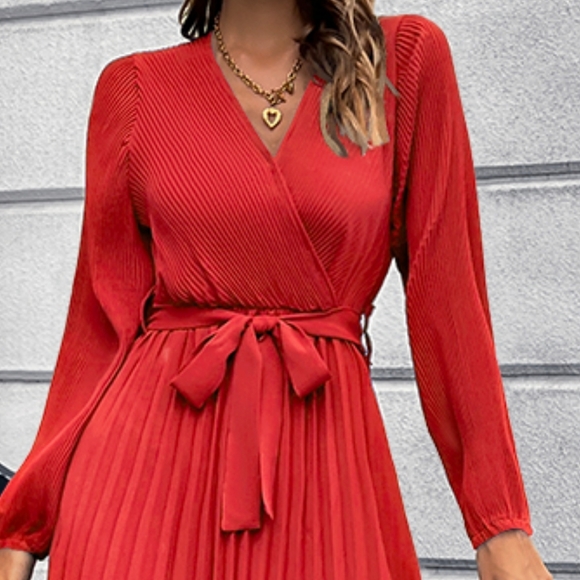 (Out Of Stock) Red Pleated Maxi Dress - Picture 3 of 8